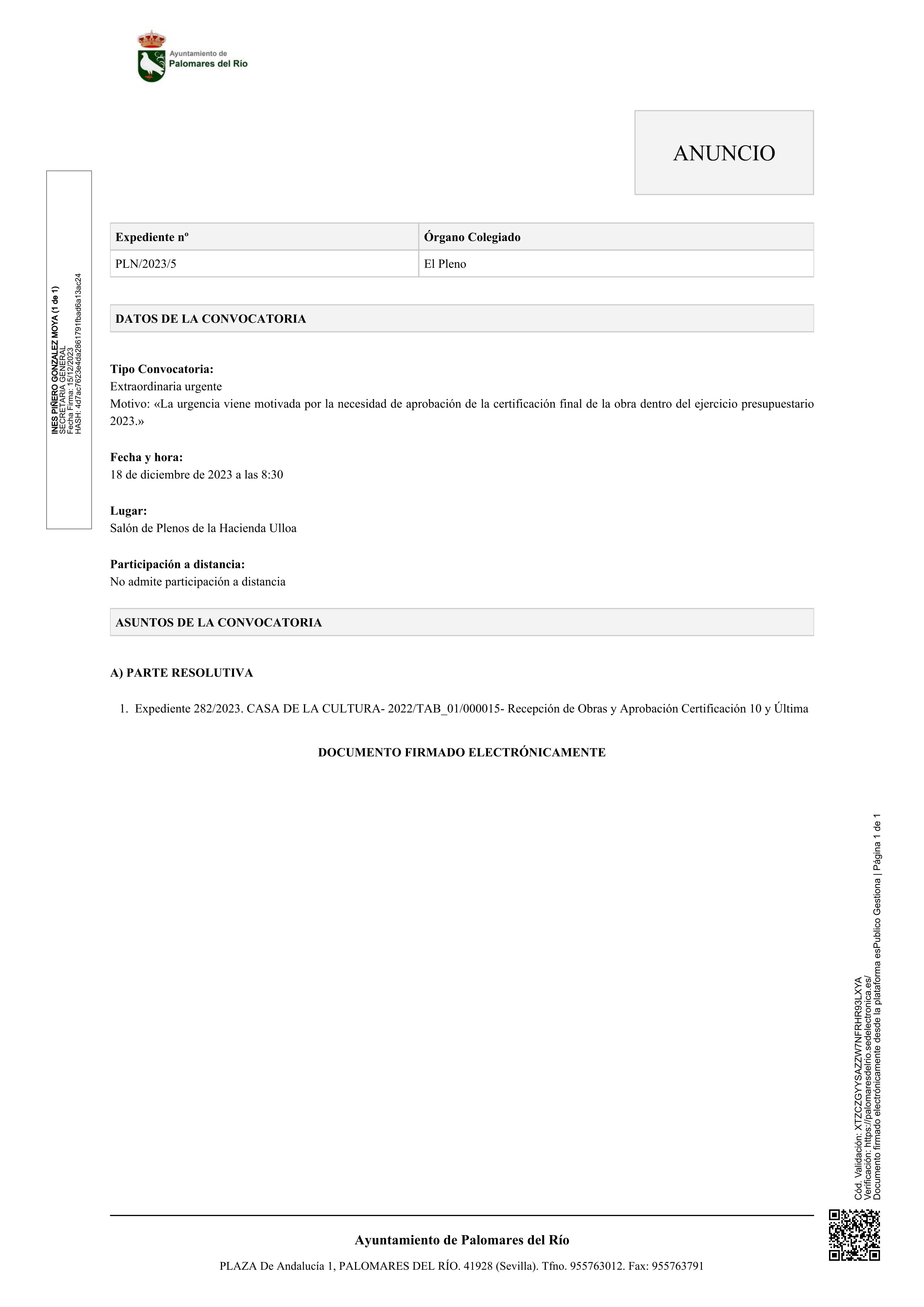 PLENO EXTRAORDINARIO URGENTE - 18/12/2023 8:30H