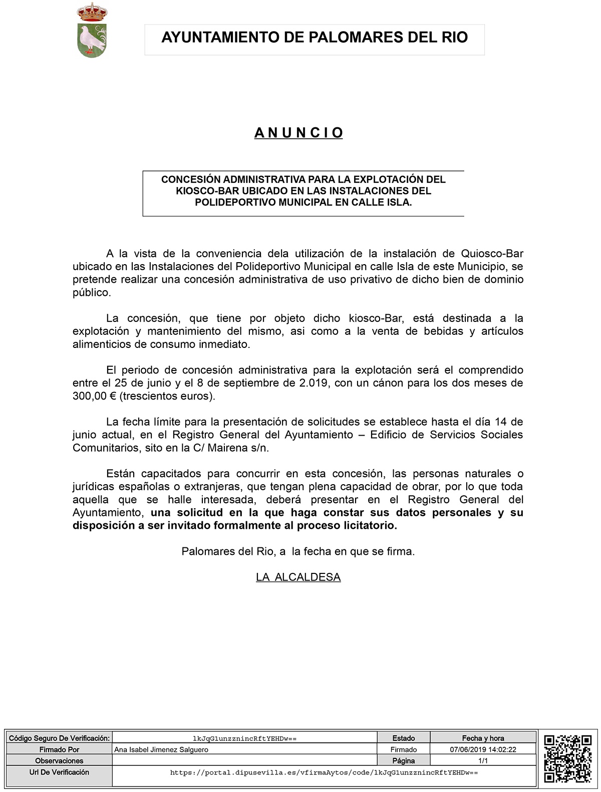 Anuncio Polideportivo 2019 firmado